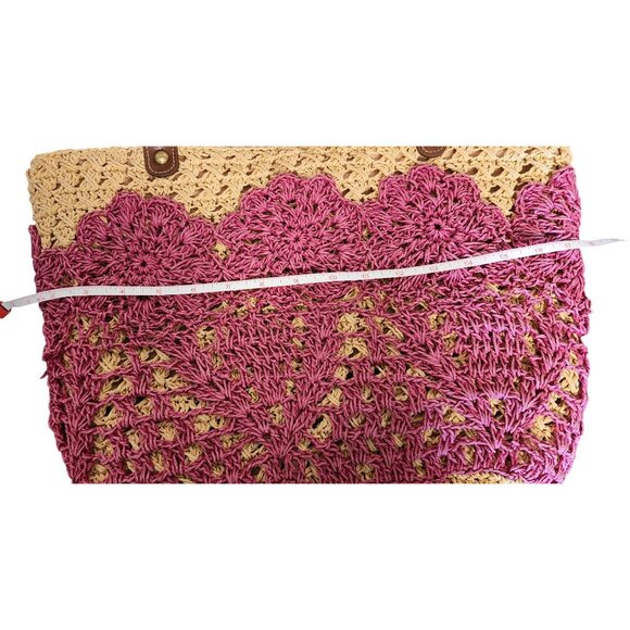 VTG Fossil Long Live 1954 Tote Bag Summer Beach Pink & Beige W/ Key Charm - Picture 6 of 9